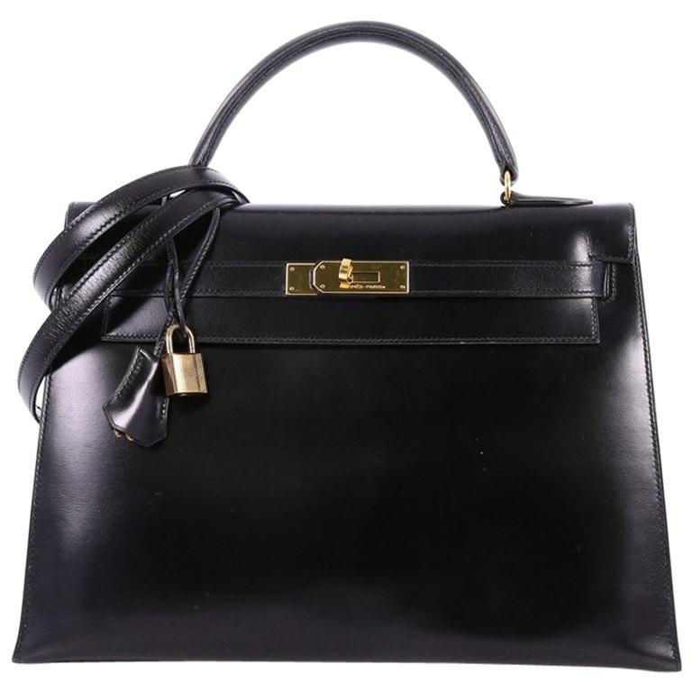 Hermes Kelly Handbag Black Box Calf with Gold
