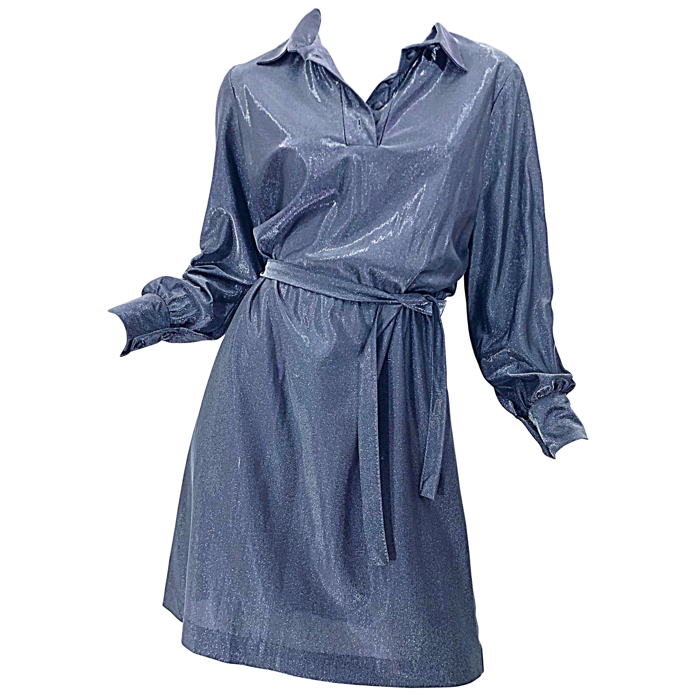 1970s Gunmetal Metallic Silver Gray Belted Vintage 70s Long Sleeve Shirt Dress For Sale
