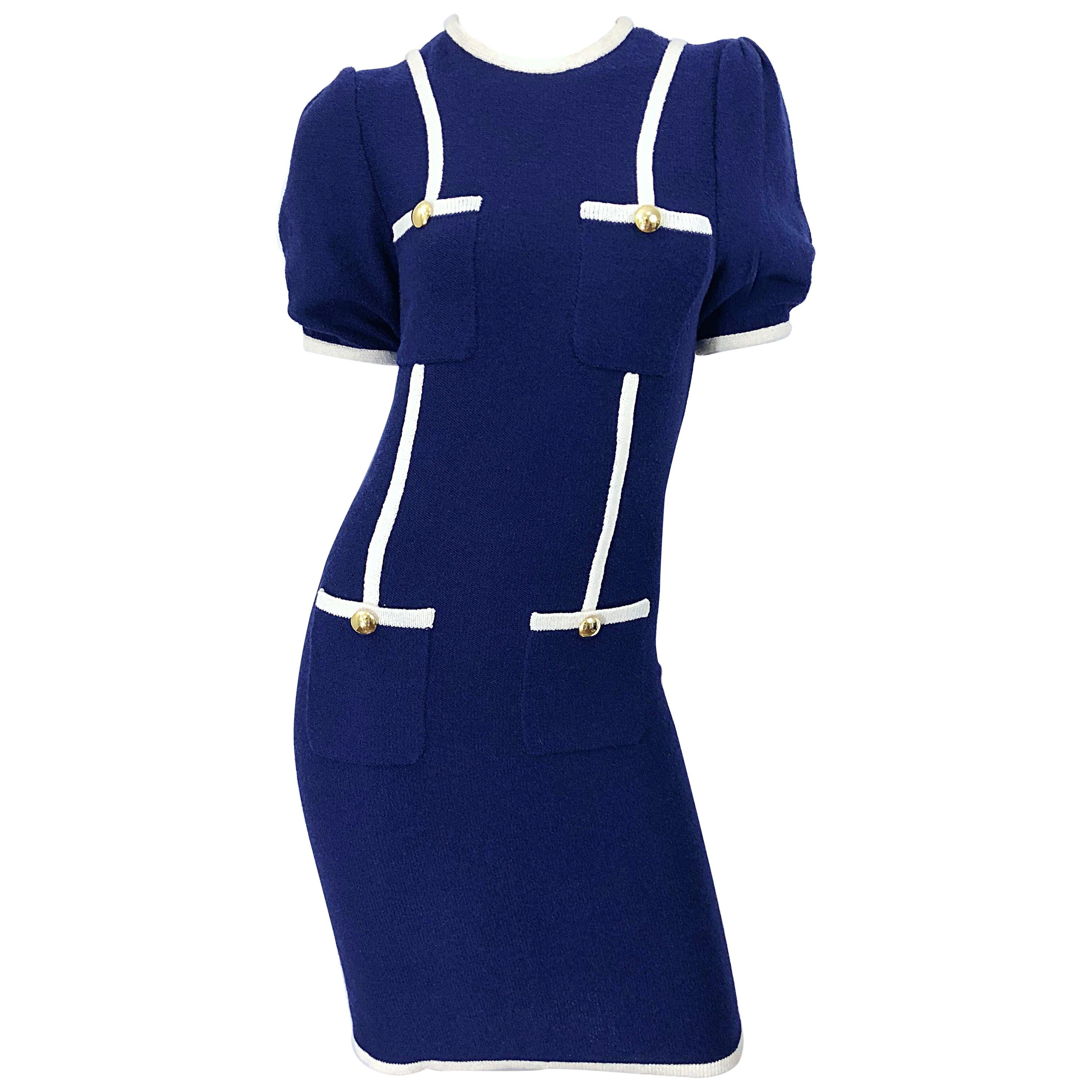 Vintage Adolfo for Saks 5th Avenue Navy Blue and White Nautical Knit Dress