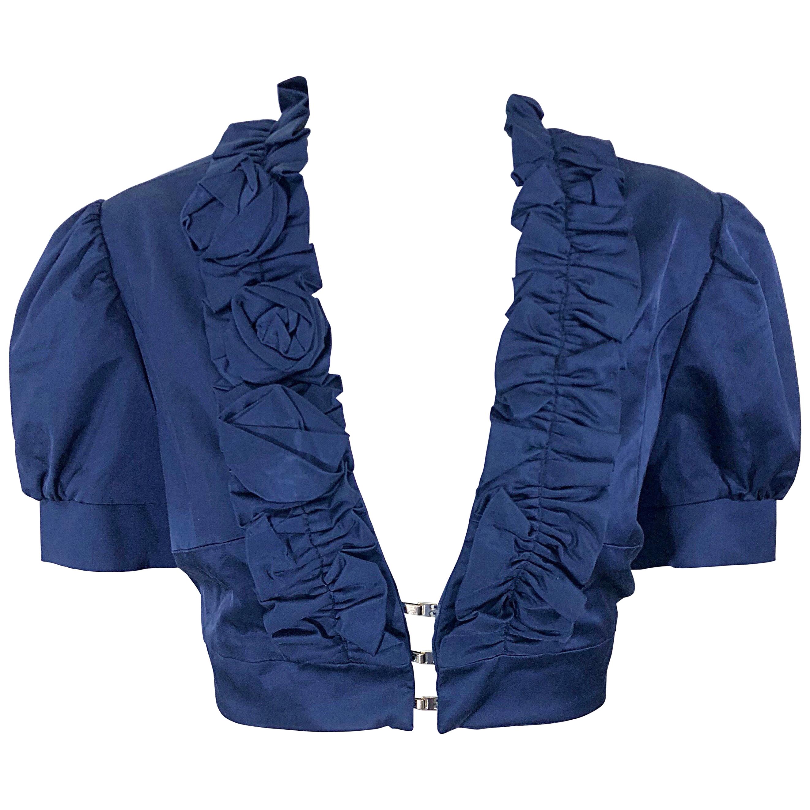 New Flavio Castellani Navy Blue Short Sleeve Rosette Cropped Bolero Jacket Top