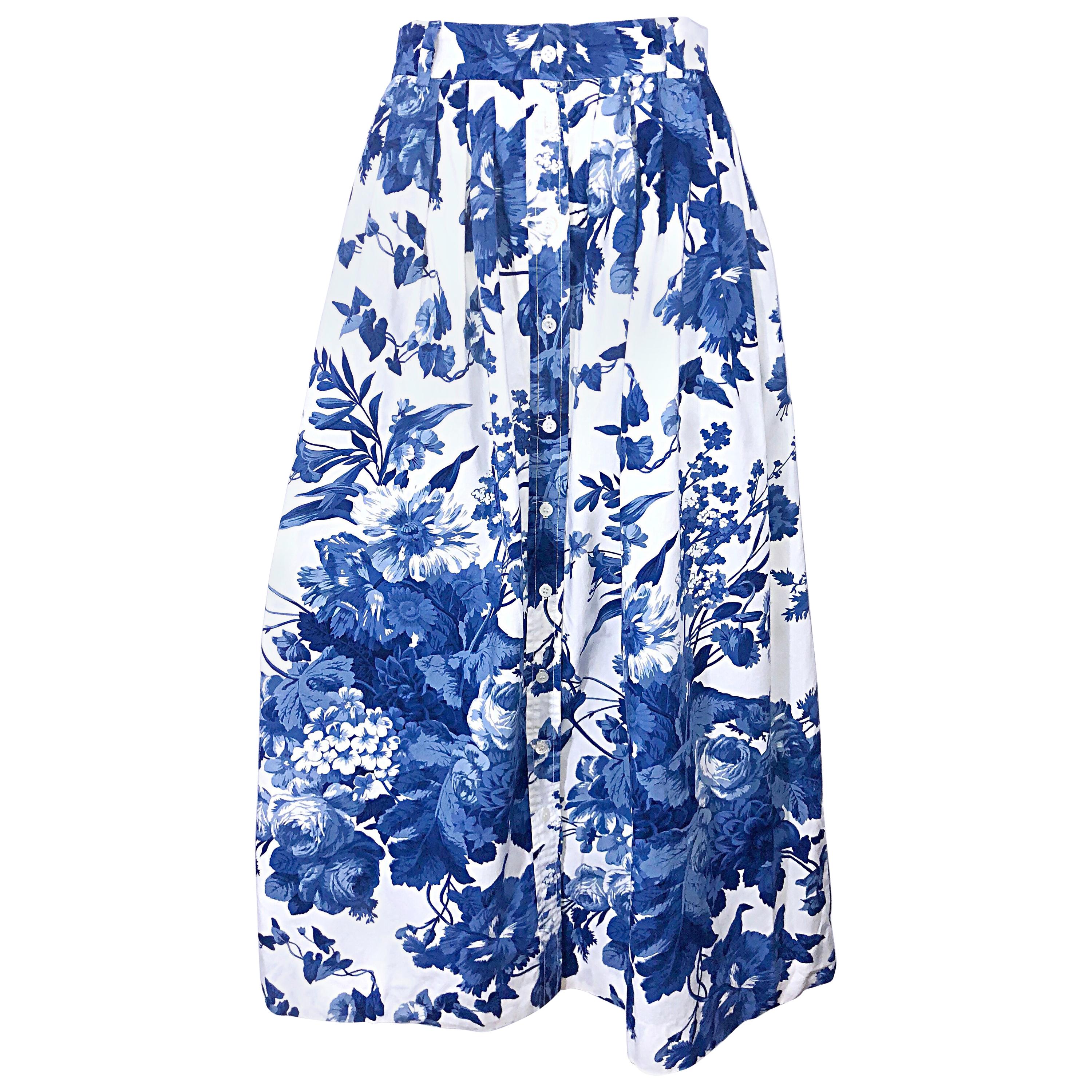 Vintage Ralph Lauren 1990s Blue + White Floral Print 90s Cotton Midi Skirt For Sale