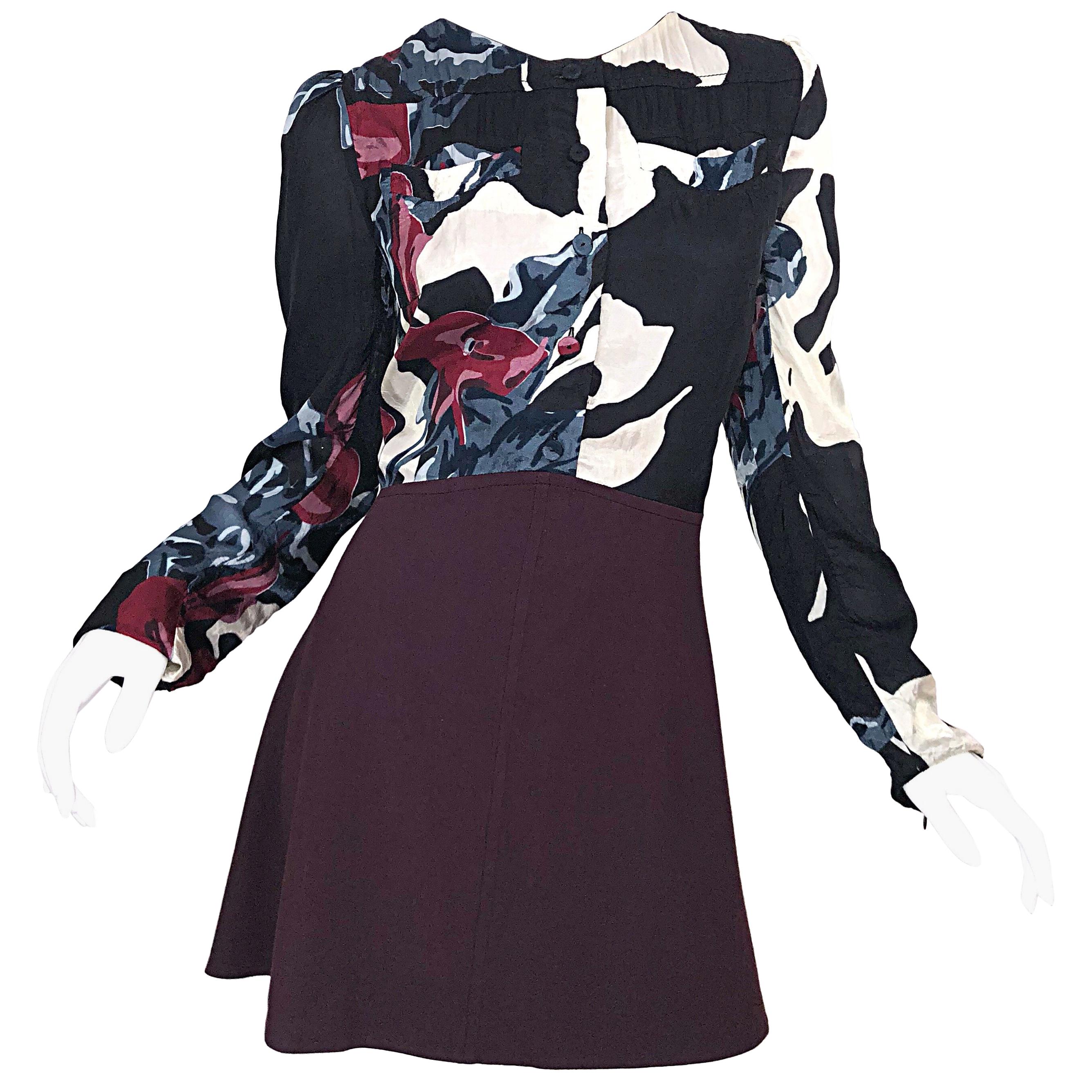 New Carven Fall 2009 Size 42 / 10 / 12 Burgundy Blue Black Abstract Mini Dress