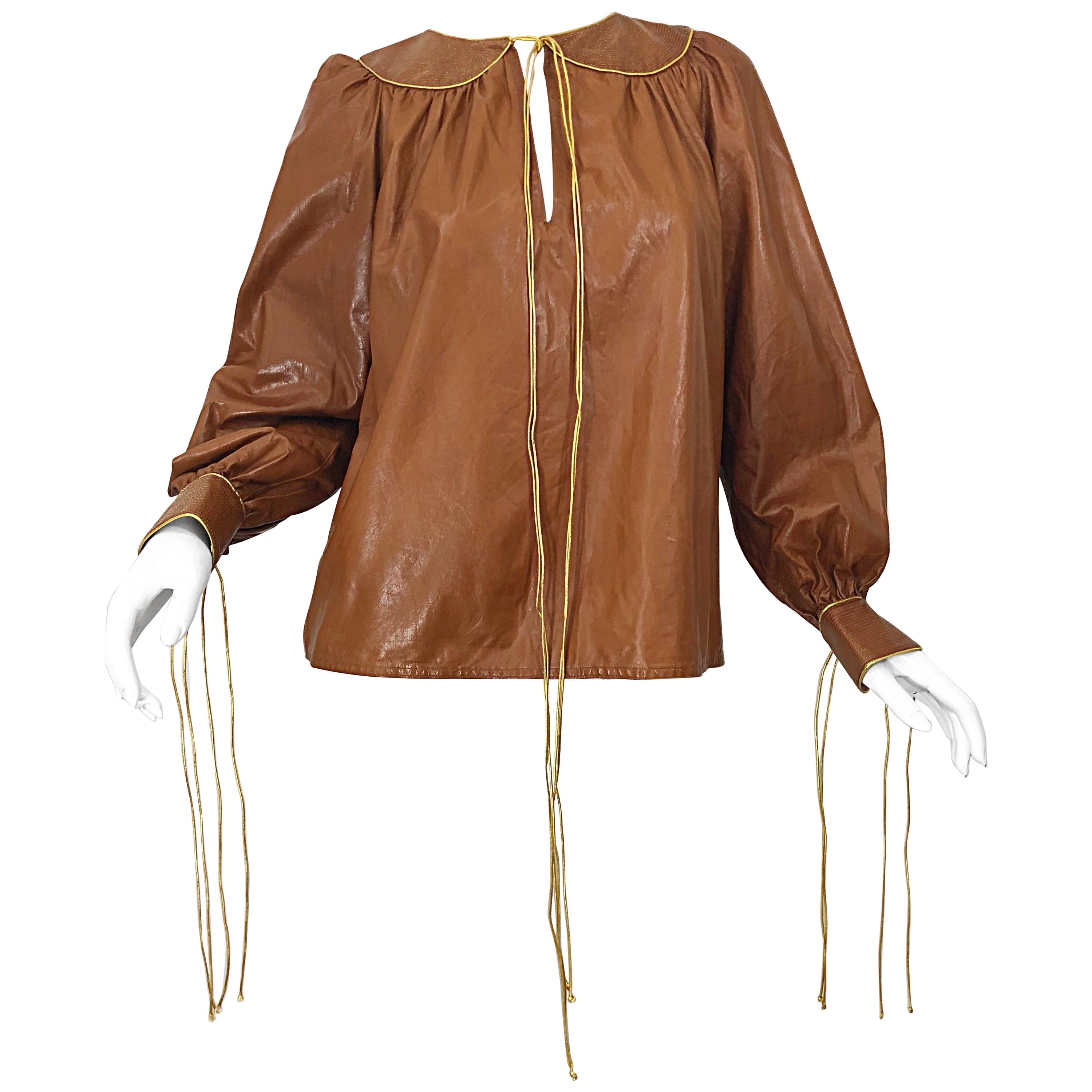 1970s Geoffrey Beene Leather Camel Tan / Brown Bishop Sleeve 70s Vintage Blouse