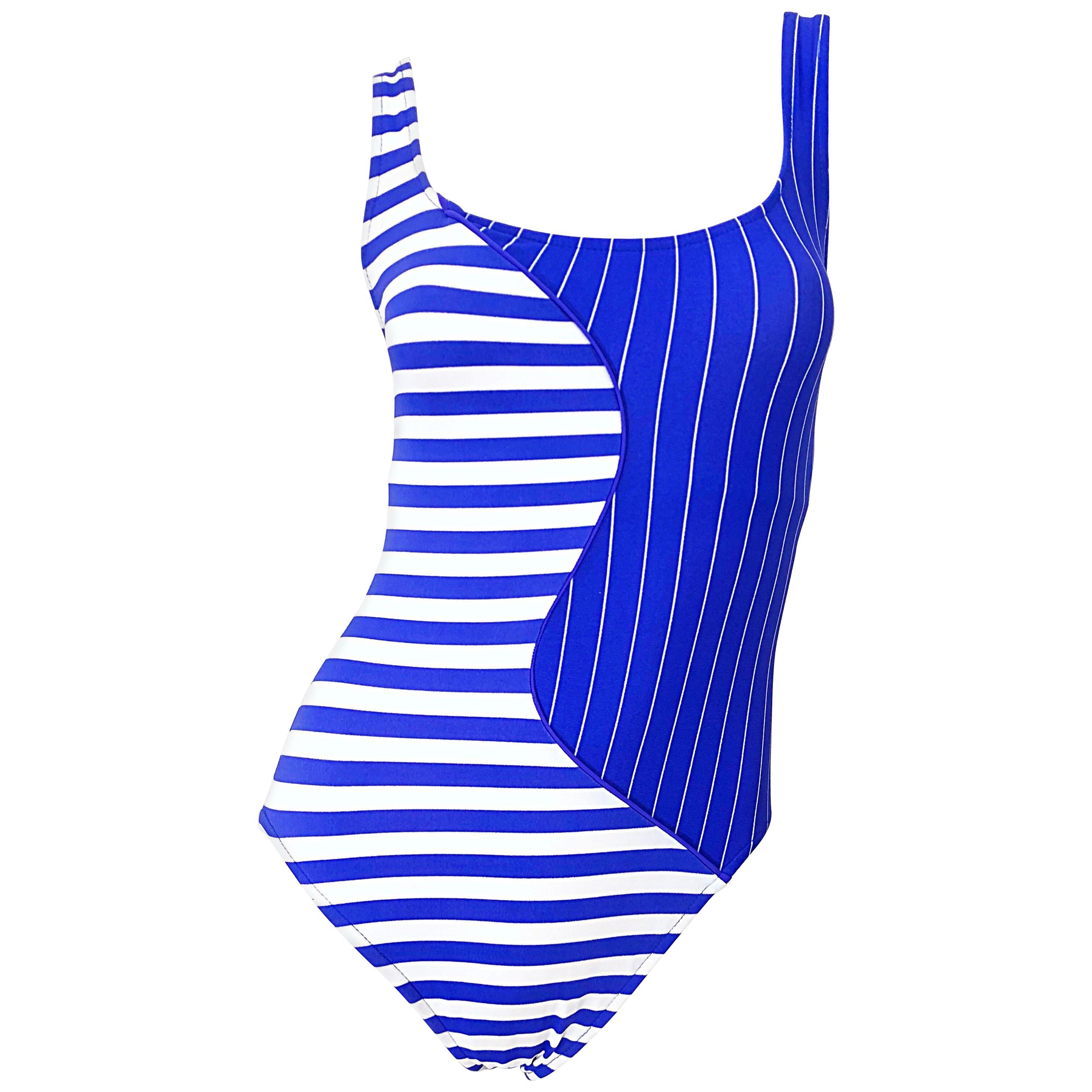 Vintage Bill Blass 1990s Nautical Blue White Striped One Piece Swimsuit Bodysuit