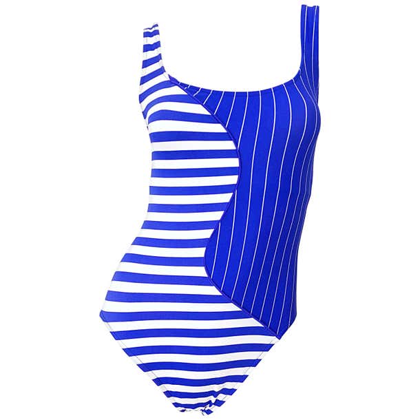 Vintage Bill Blass 1990s Nautical Blue White Striped One Piece Swimsuit ...