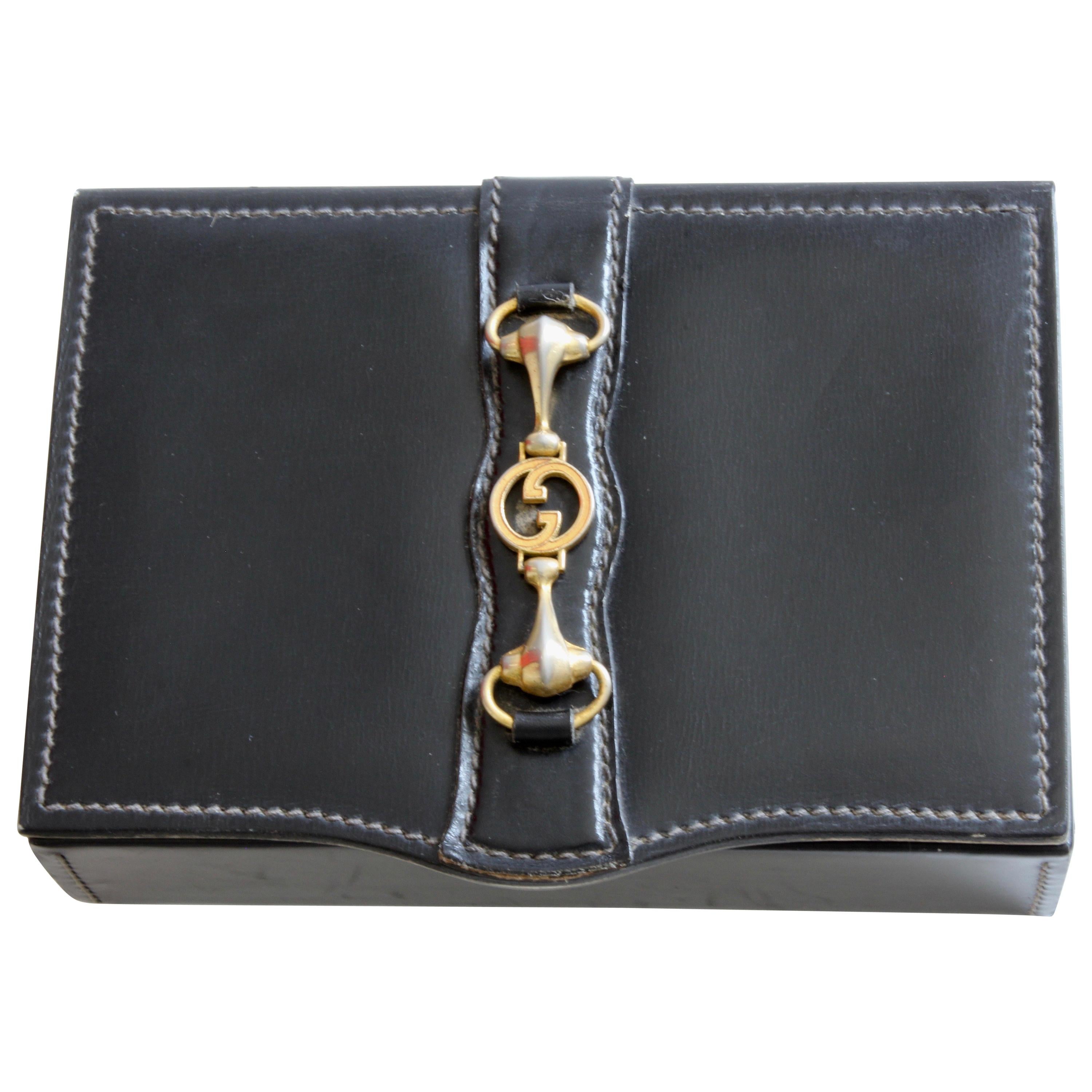 Vintage Gucci Black Leather Jewelry Case Trinket Box Equestrian Motif Horse Bit