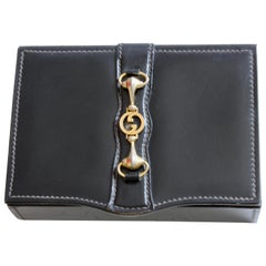 Retro Gucci Black Leather Jewelry Case Trinket Box Equestrian Motif Horse Bit