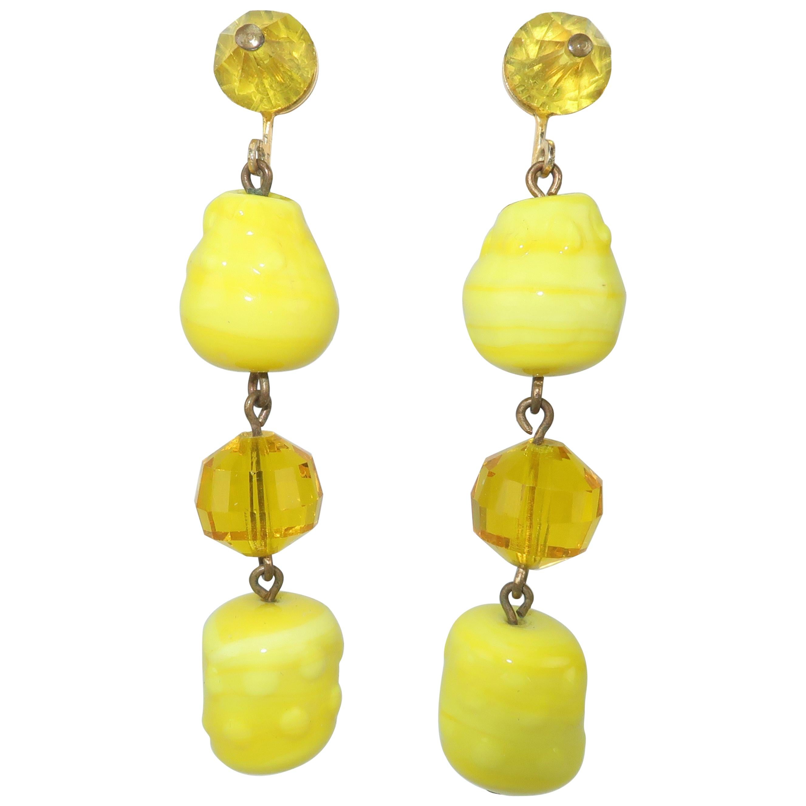 Vogue Jewelry Yellow and Amber Glass Dangle Earrings, circa 1960