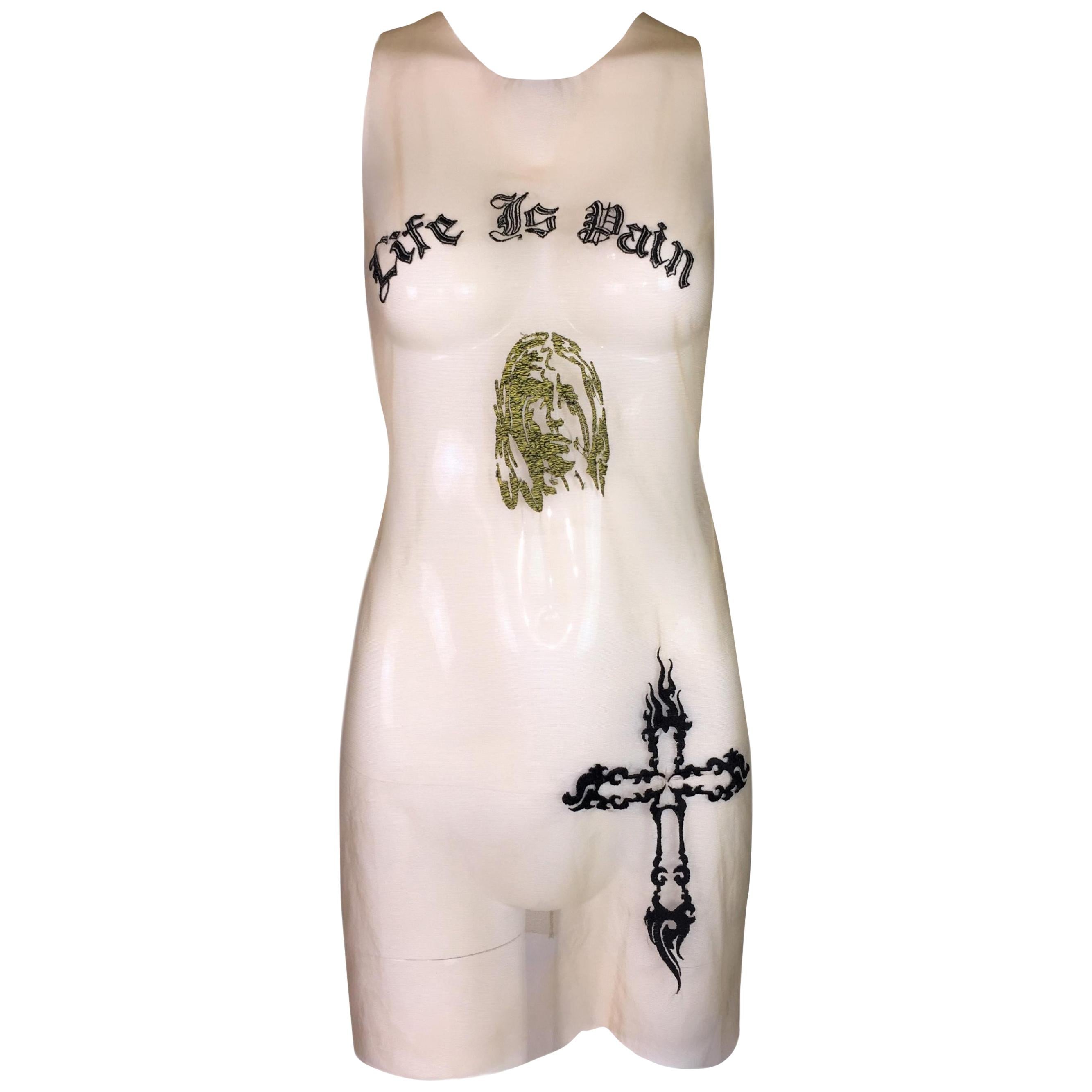 1996 Alexander McQueen Sheer Nude Mesh Embroidered Tattoo Mini Dress