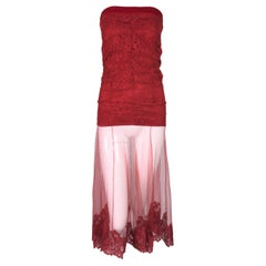 F/W 2001 Christian Dior John Galliano Sheer Red Lace Mesh Strapless Dress Skirt