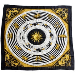 Retro Hermes Astrologie Silk Scarf Dies Et Hore 90cm Francoise Faconnet Black Gold 90s