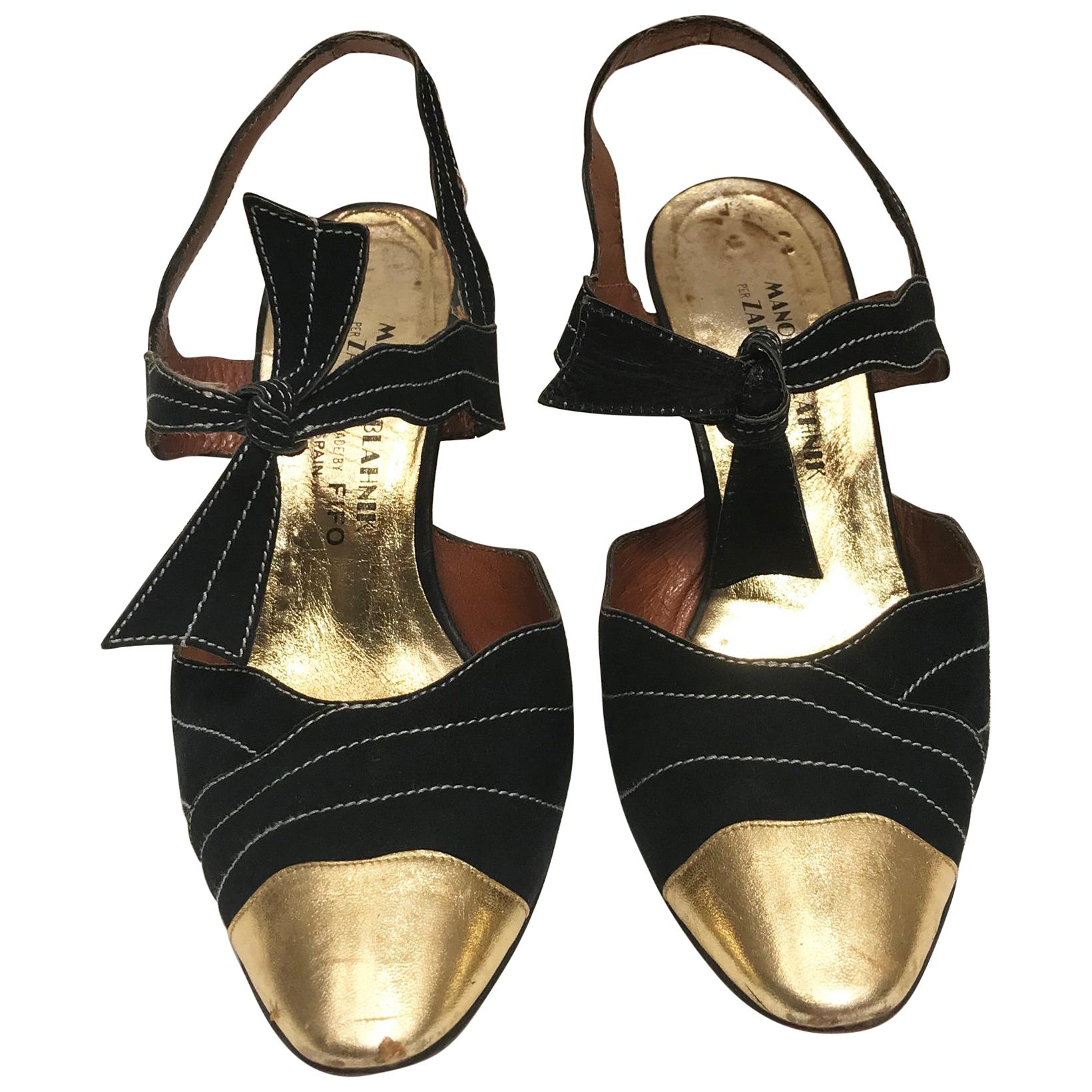 1970's Manolo Blahnik Suede and Gold leather night shoes.