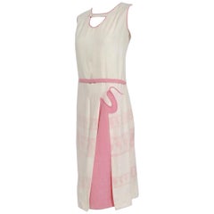 Antique 1920's Dancing Ladies Novelty Print Pink & Ivory Linen Cut-Out Deco Day Dress 