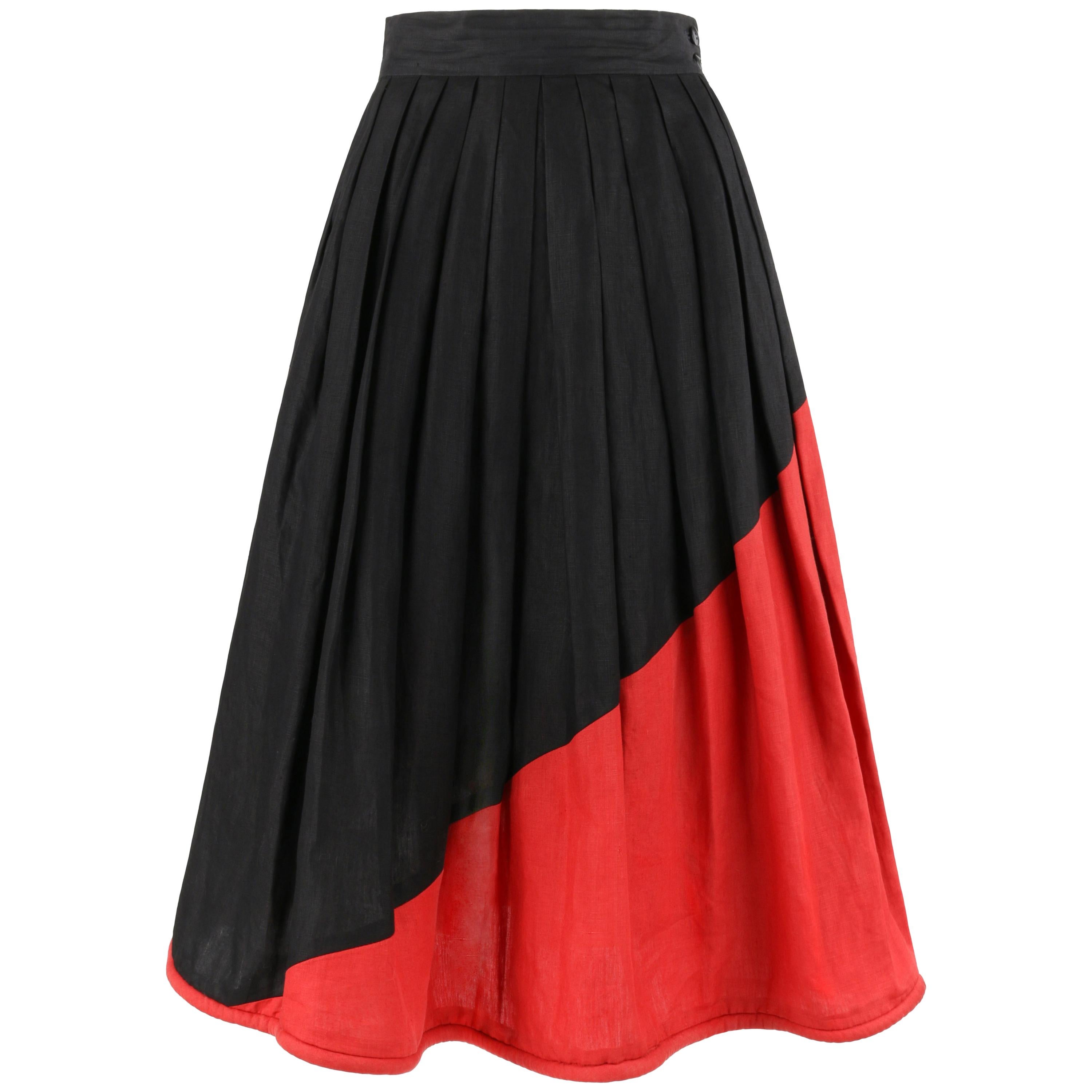 PERRY ELLIS S/S 1983 "Espana" Two Tone Linen Pleated Tea Length Skirt 