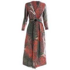 Vintage 70s Roger Milot for Fred Perlberg Maxi Dress Metallic Leaf Print & Onyx Belt 12