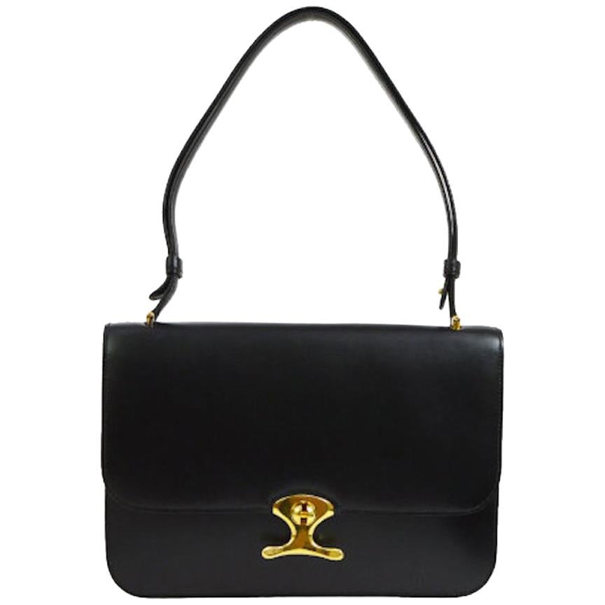 Hermes Black Leather Gold Emblem Evening Top Handle Satchel Kelly Style Bag
