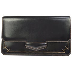 Hermes Leather Black Whipstitch Evening Envelope Fold in Flap Clutch Bag