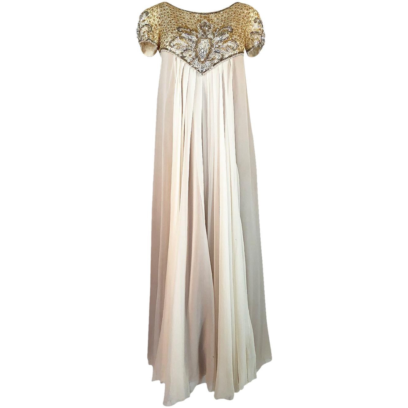 c.1958-1965 Helen Rose Hand Beaded Ivory Silk Chiffon and Gold Dress at ...