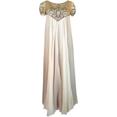 Vintage c.1958-1965 Helen Rose Hand Beaded Ivory Silk Chiffon & Gold Dress