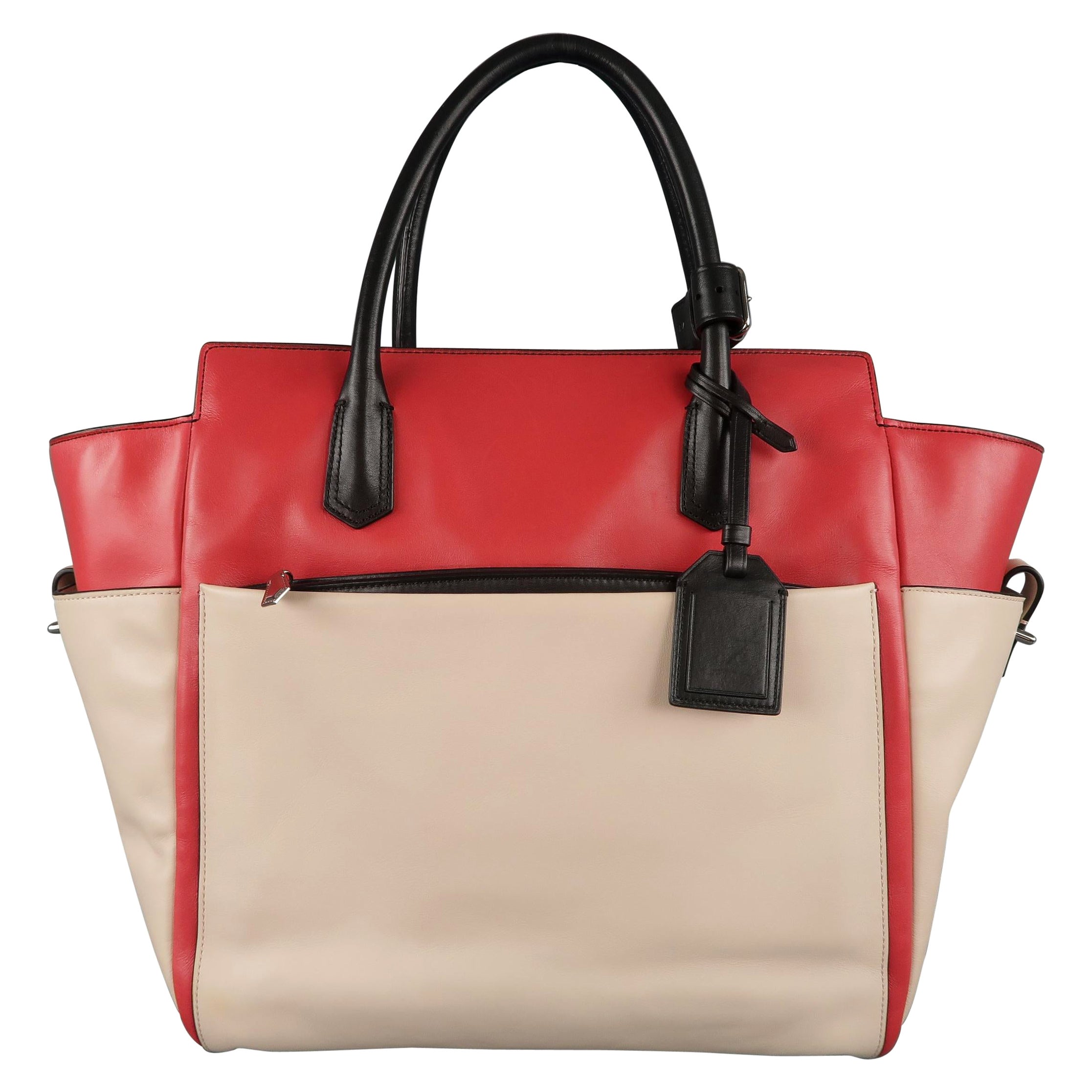 REED KRAKOFF Red Black & Light Pink Leather Tote Handbag Bag
