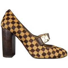 Louis Vuitton Beige Brown Checkered Pony Hair Gold Buckle Mary Jane Pumps