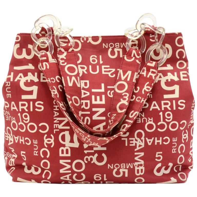 Chanel Sea Line Logo Mania Red Canvas Tote Bag + Pouch For Sale