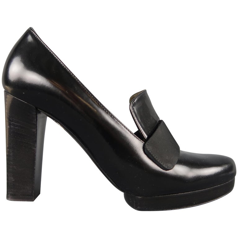 LANVIN Size 9 Black Patent Leather Chunky Heel Loafer Pumps at 1stDibs