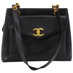 Vintage Chanel Black Caviar Leather Front Envelope Pocket Chain Shoulder Bag