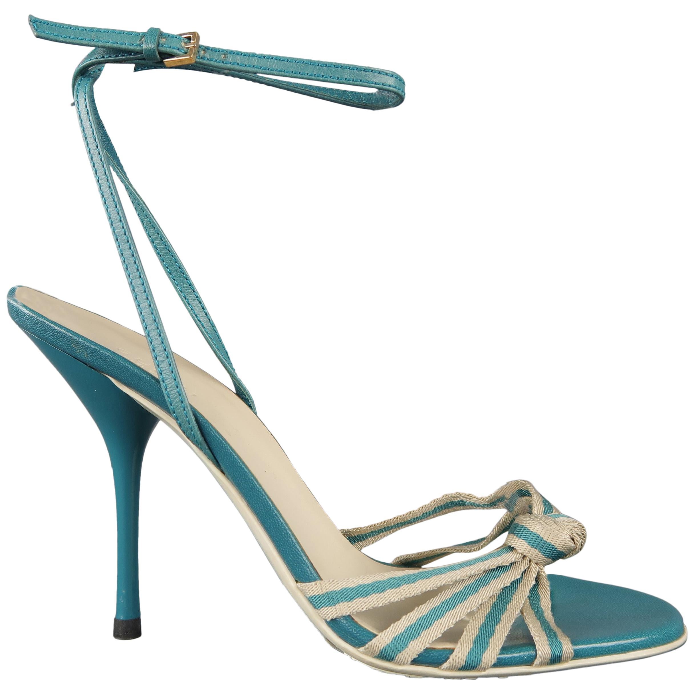 GUCCI Size 7.5 Teal Leather Ankle Strap Stripe Knot Strap Sandals