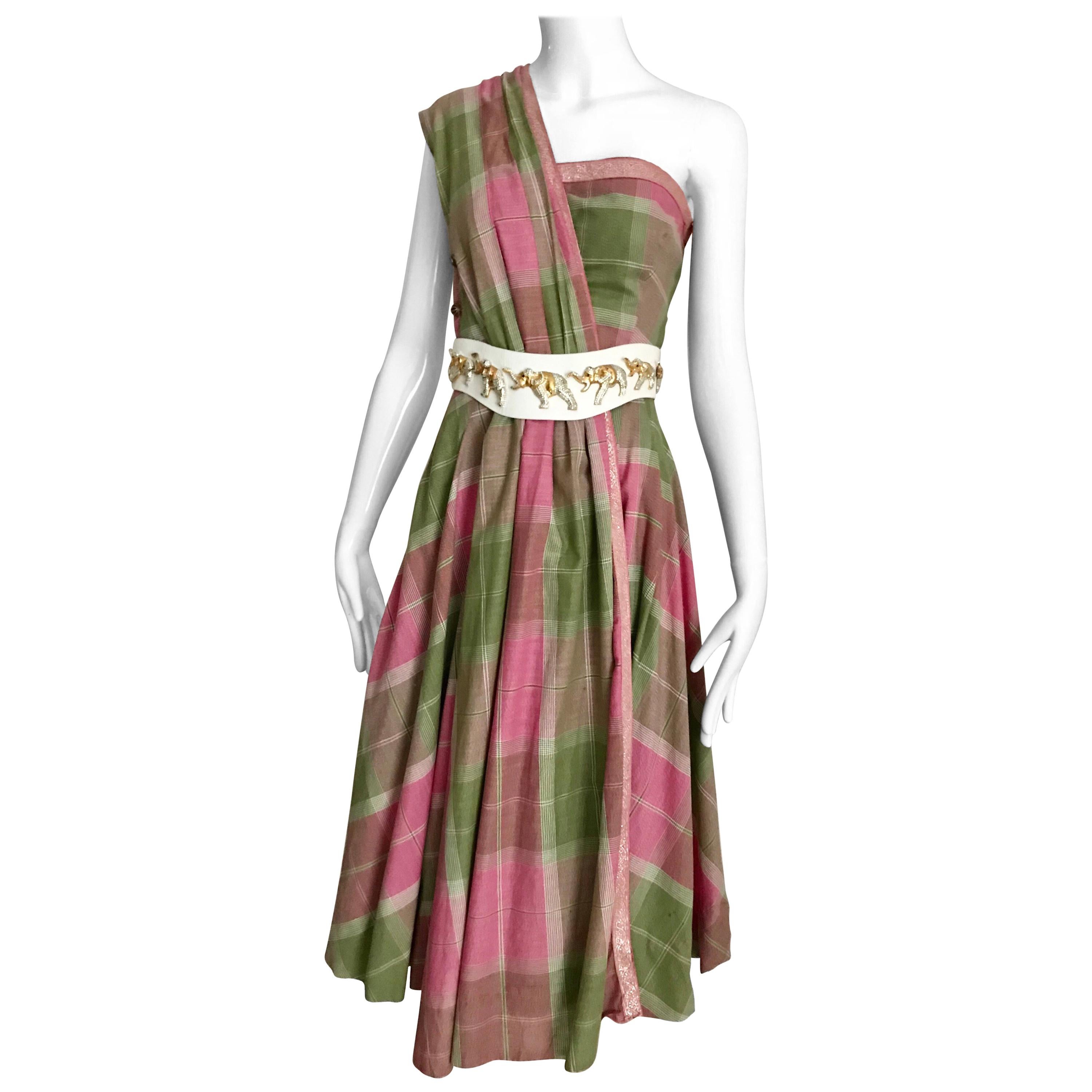 Vintage Tina Lesser Pink and Green Plaid Cotton Dress For Sale