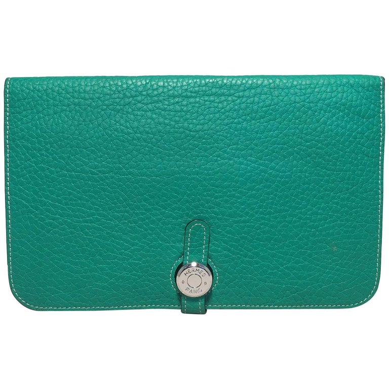 Hermes Teal Jade Green Clemence Leather PHW Dogon Wallet For Sale at