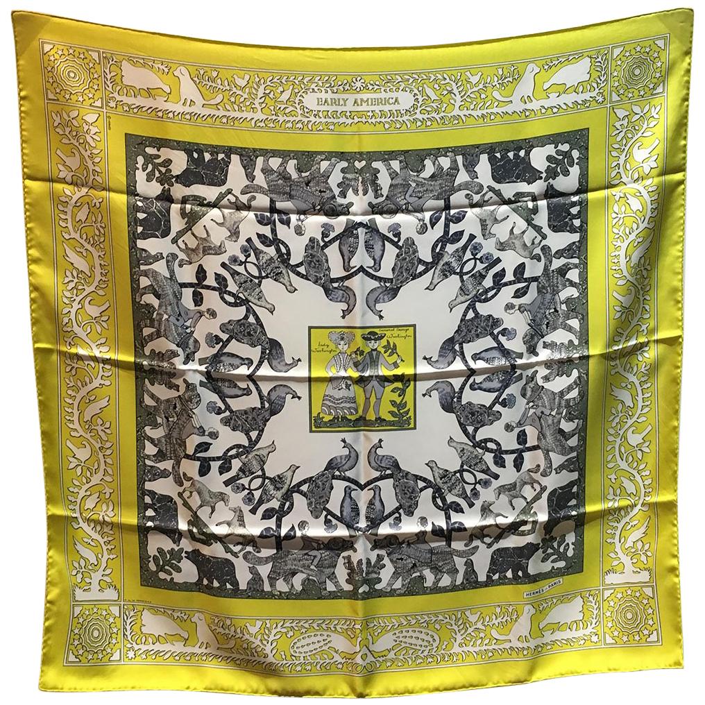 Hermes Early America Chartreuse Yellow Silk Scarf 