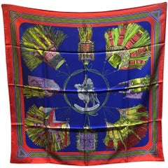 Hermes Vintage Cuirs du Desert Silk Scarf in Red and Blue c1988