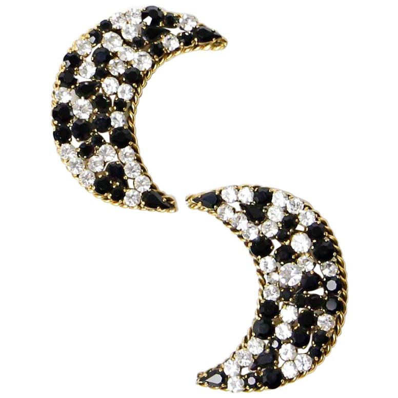 ISABEL CANOVAS Clip-on Moon Shape Earrings in Aged Gilt Metal and Rhinestones