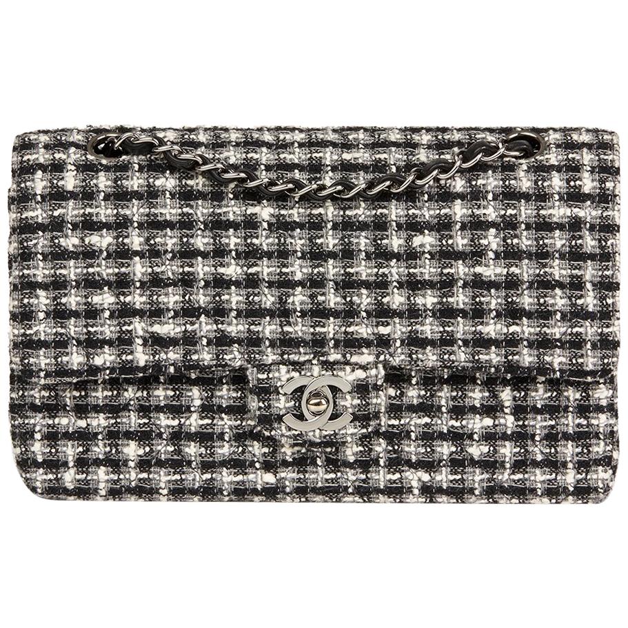 Chanel Black and White Tweed Fabric Quilted Medium Classic Double Flap Bag, 2005