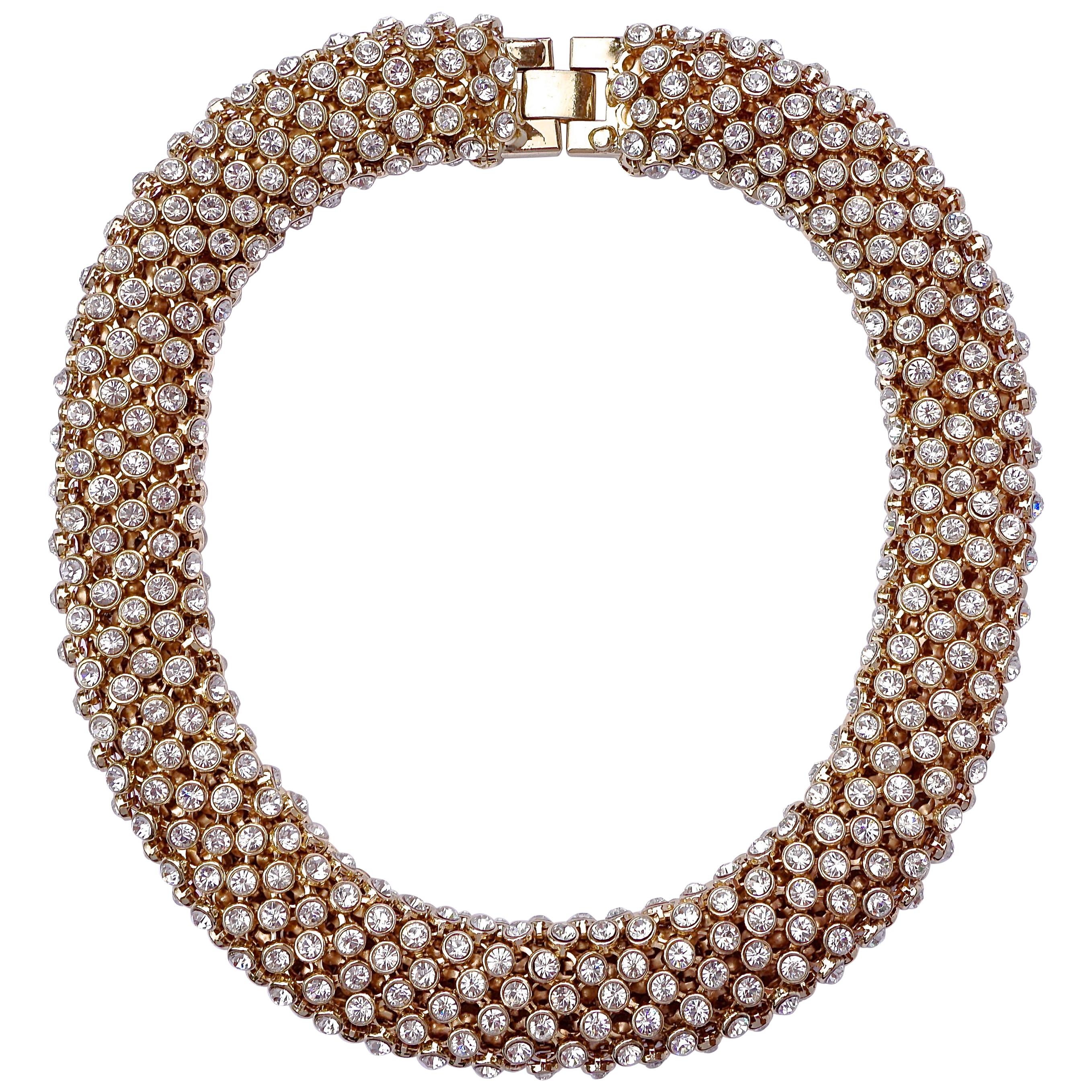 Gold Tone and Clear Rhinestones Vintage Collar Necklace, circa 1980s