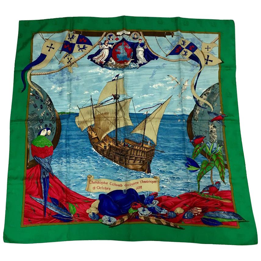 Hermes "Christopher Columbus" Vintage Multicolored Damask Silk Scarf