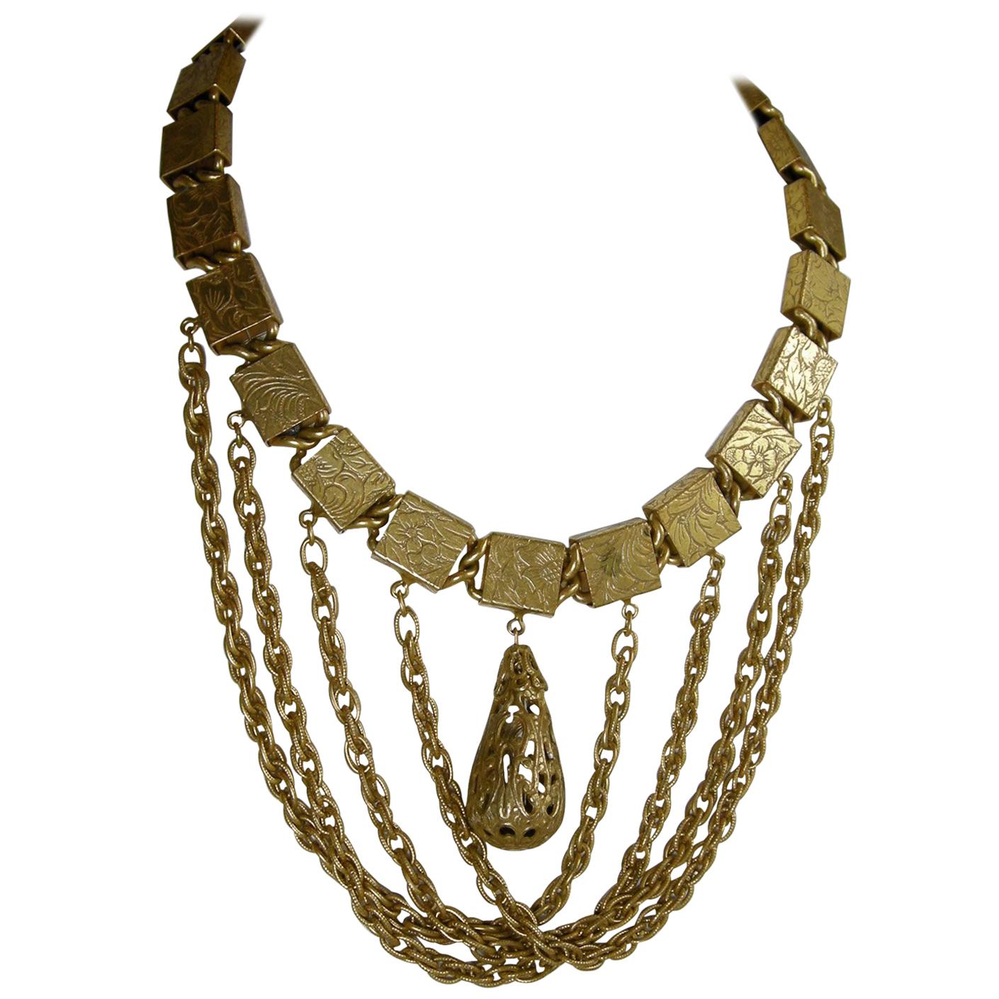 Vintage Rare Retro Ornate Brass Bib Necklace