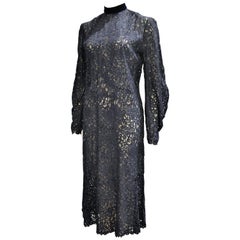 Vintage French Lace 1960s Dress with a Velvet Colar in Dark Blue