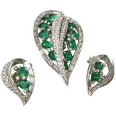 Vintage Signed Jomaz Faux Emerald Leaf Pin & Earrings Set