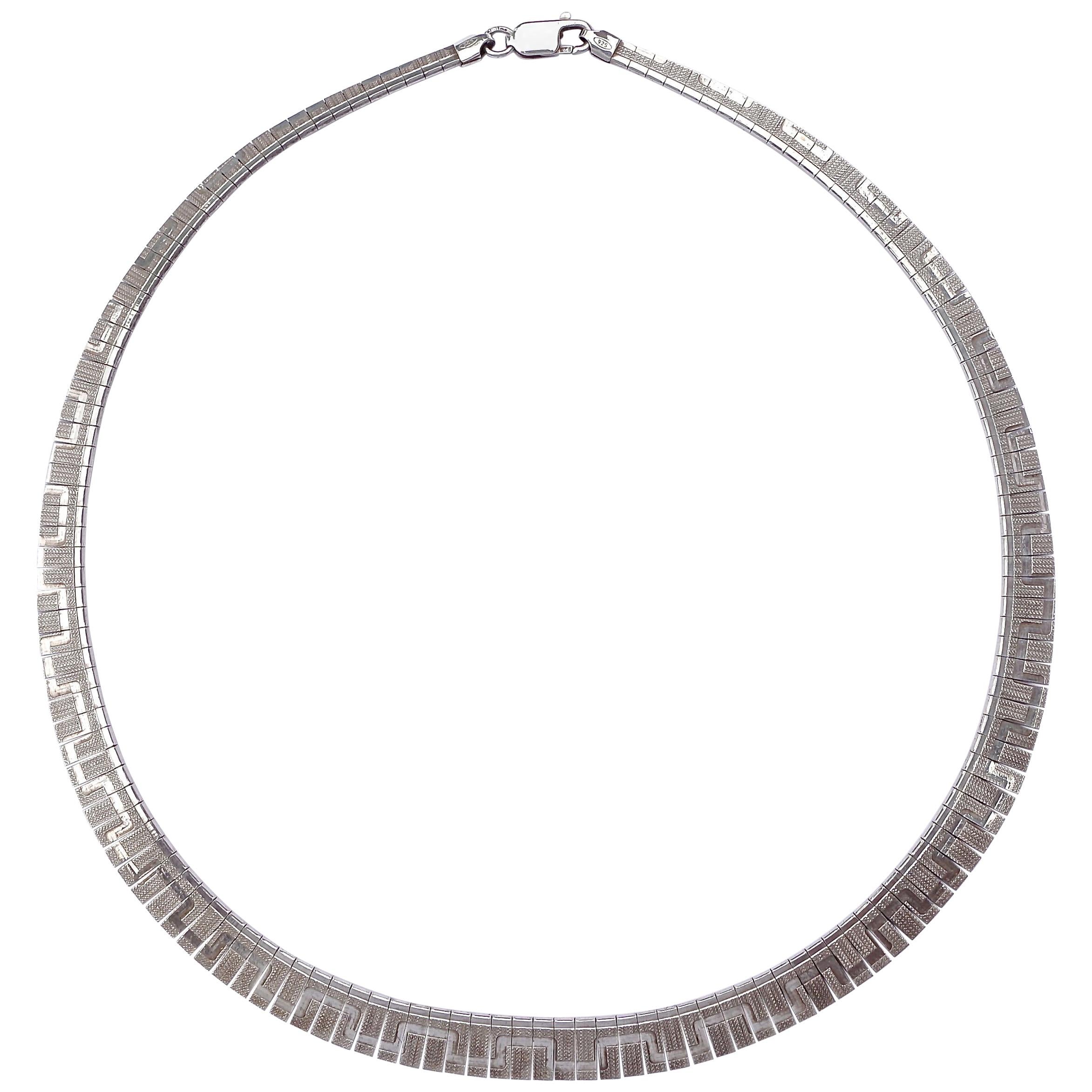 Italian Sterling Silver Shiny and Textured Vintage Geometric Design Necklace