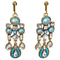 Vintage Faux Turquoise And Rhinestone Dangling Earrings