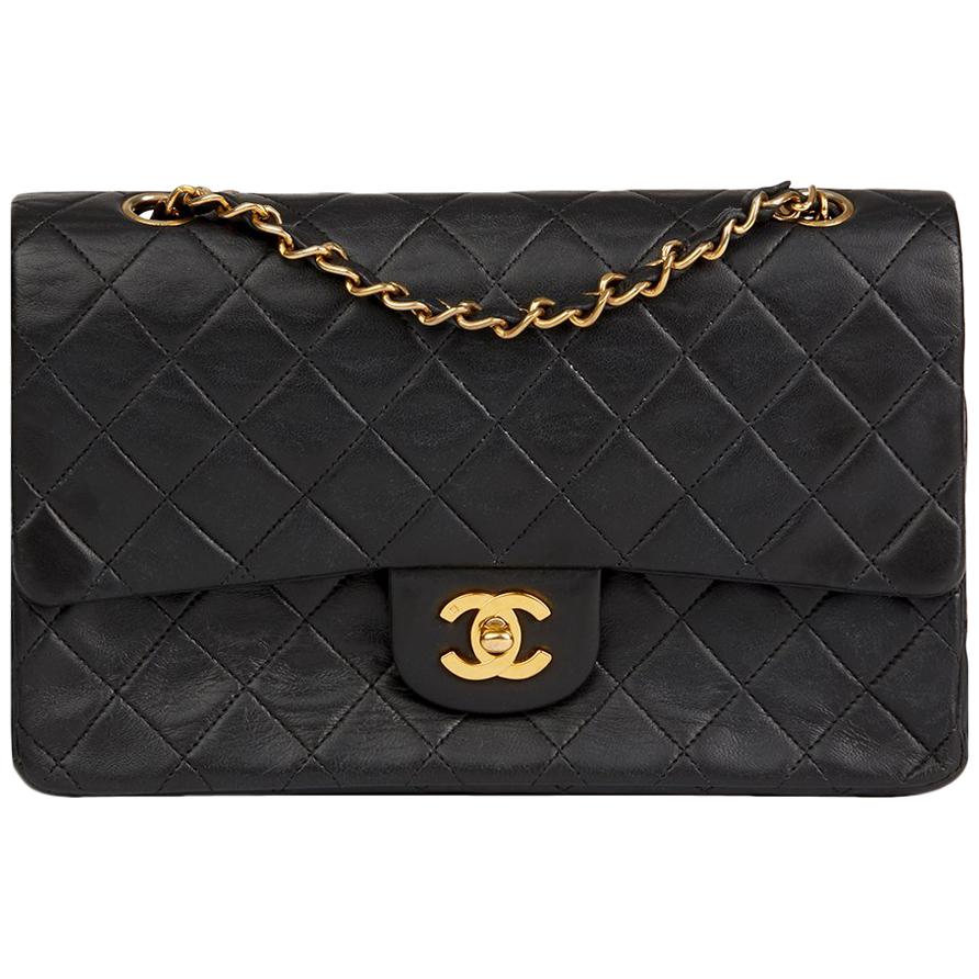 1990 Chanel Black Quilted Lambskin Vintage Medium Classic Double Flap Bag