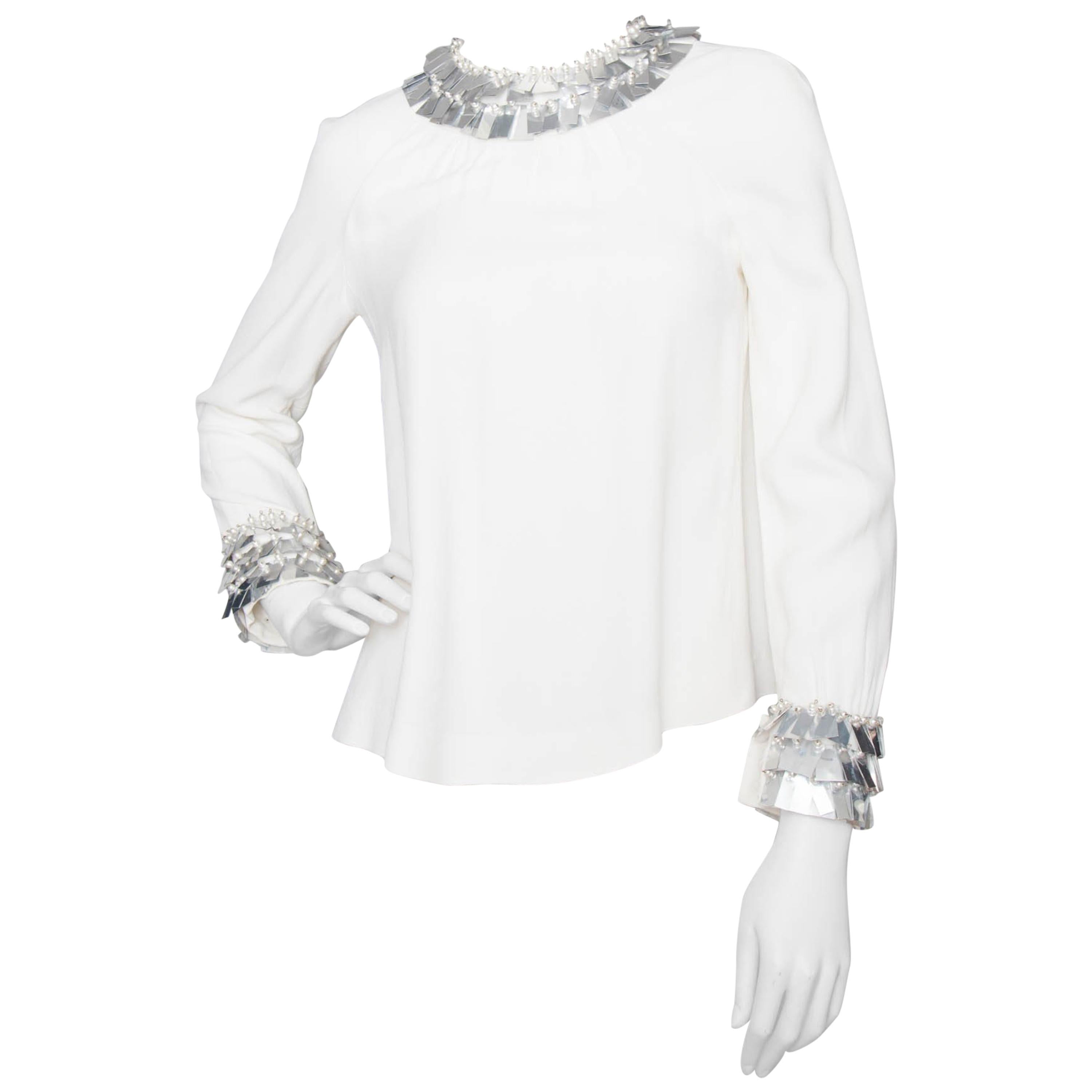 Chloé by Karl Lagerfeld vintage White Silk Blouse With Metallic Trim, 1970s 