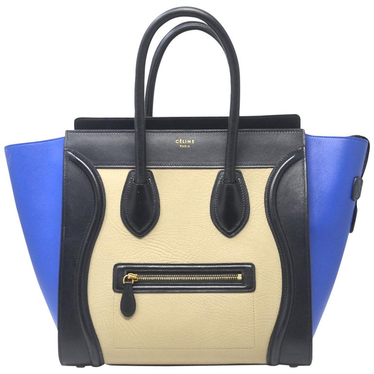 Celine Tri-Color Blue,Black and Beige Mini Luggage Leather Tote Handbag ...