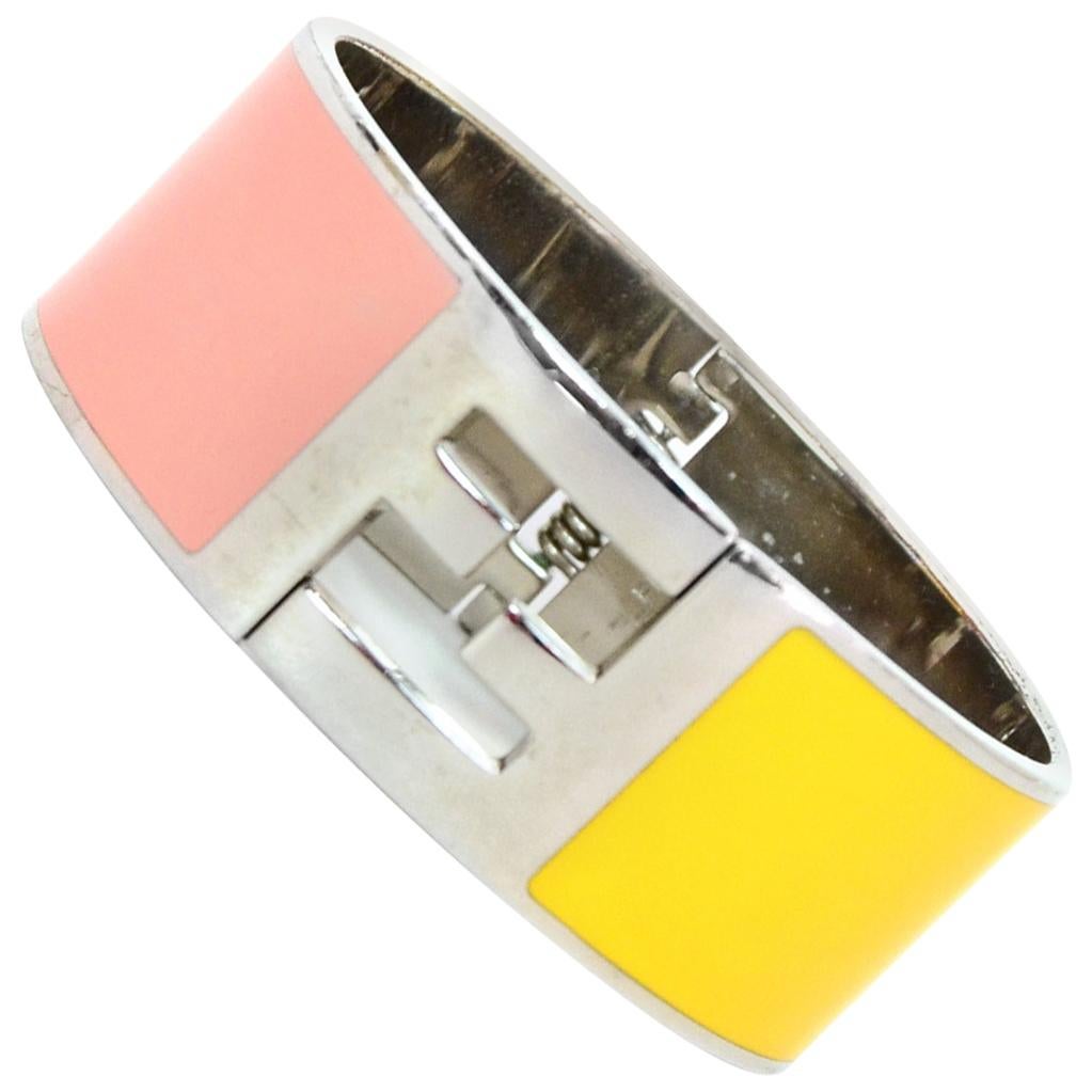 Fendi Pink & Yellow Clic Clac Silvertone Bangle Bracelet With Box