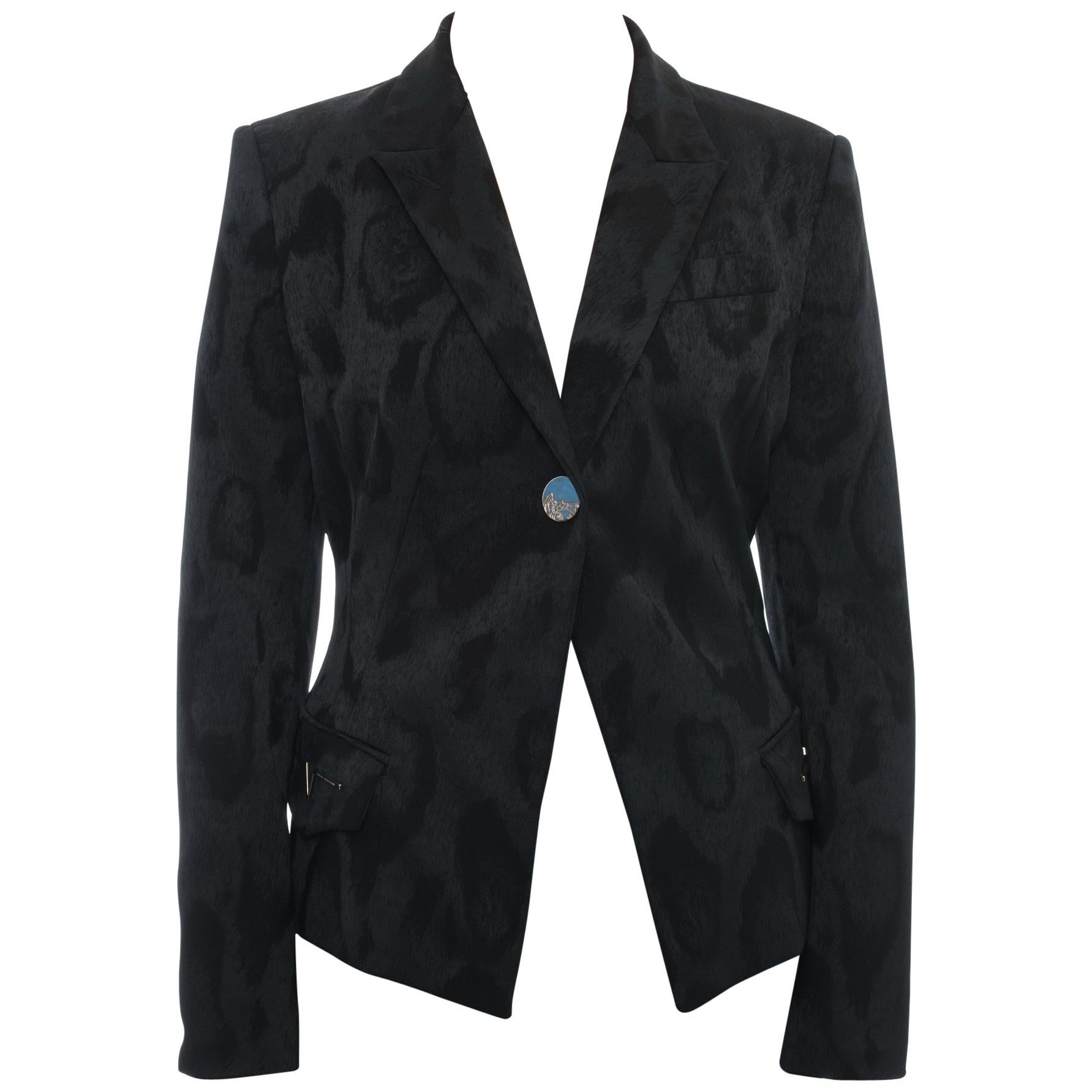 Versace Collection Black Leopard Jacquard Blazer Jacket - 10 at 1stDibs