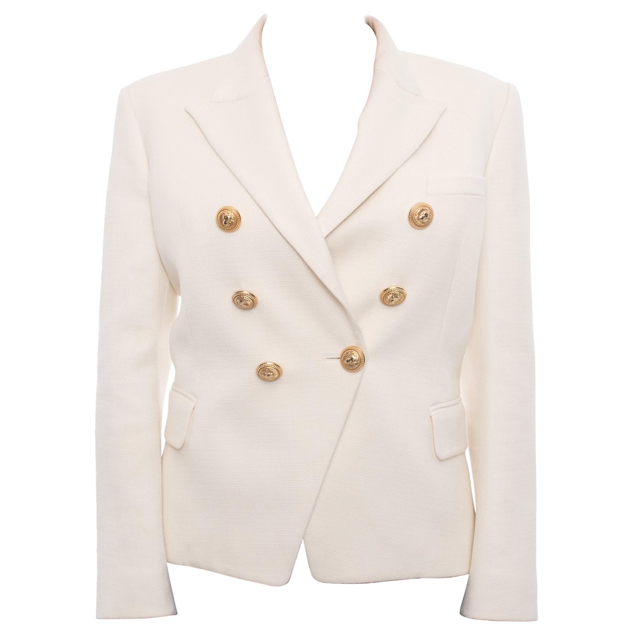 Balmain Ivory Linen Blazer with Gold Lion Buttons 