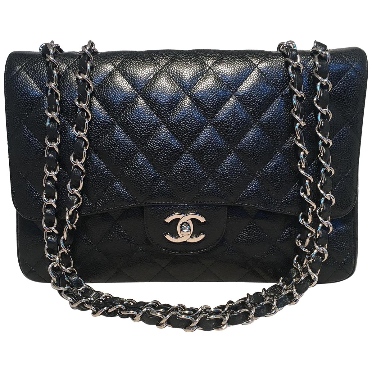 Chanel Black Caviar Jumbo Single Flap Classic Shoulder Bag 