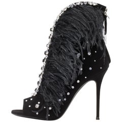 Giuseppe Zanotti Black Suede Crystal Feather Evening Ankle Boots in Box
